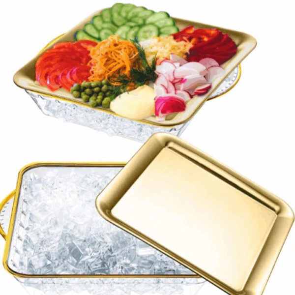 Title：2 Sets Disposable/Reusable Party Plates + Square Ice Bowls + Fresh-Keeping Trays | Stackable & Leak-Proof | For Birthday Parties, BBQs, Outdoor Picnics | Ideal for Christmas, New Year’s Eve, Summer Gatherings