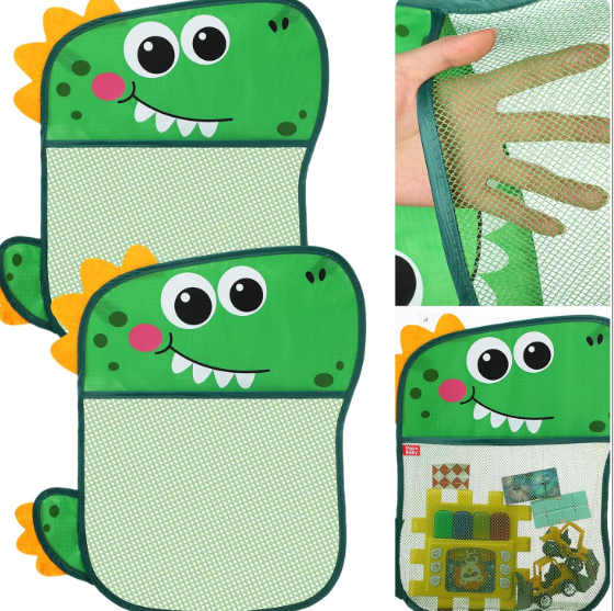 2-Piece Cute Dinosaur Bathroom Mesh Storage Bags | Suction Cup, Quick-Dry | Kids’ Bath Toy Organizer