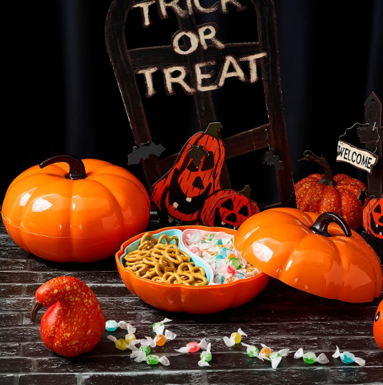 2-Piece Halloween Pumpkin Tray Set | Bamboo Candy/Snack Holders | Trick-or-Treat & Party Decor