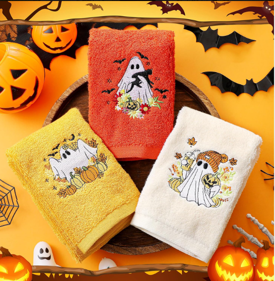 3-Piece Halloween Handkerchief Set | Cute Ghost/Pumpkin Embroidery | Cotton, Reusable