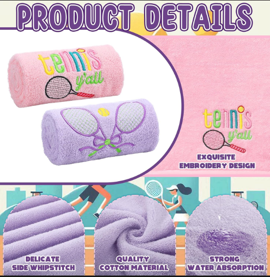 2-Piece Tennis Towel Set | Fun Embroidery | Soft Absorbent, Tennis Lover Gift