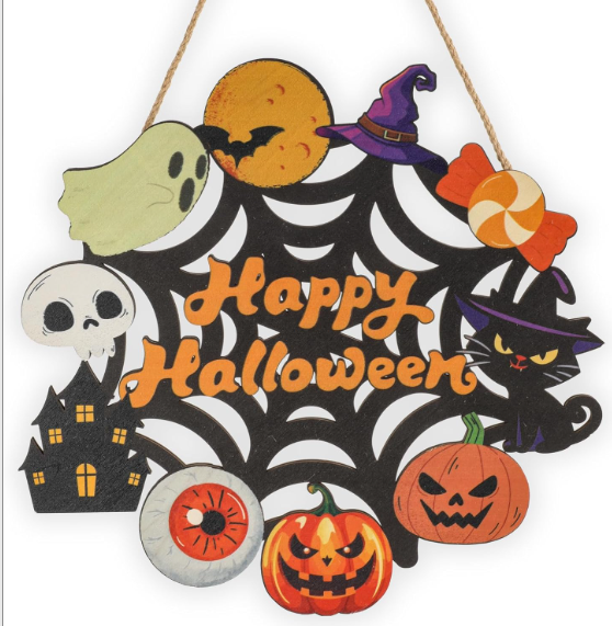 Halloween Wooden Hanging Front Door Sign | Spooky-Cute Design | Weather-Resistant Decor