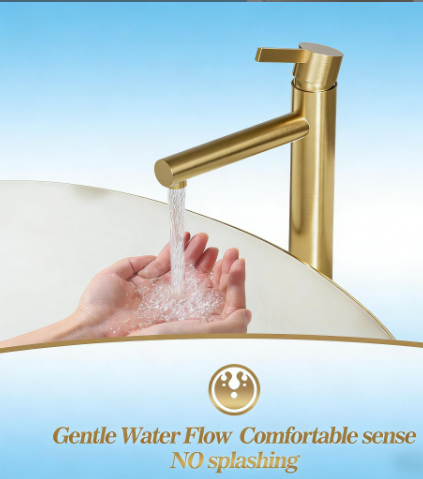 Phiestina Brushed Gold One-Hole High Bathroom Vessel Sink Faucet, Single-Hole Single-Handle Tall Bathroom Faucet, with Pop-Up Drain and Water Supply Line, FH 01-BG-V