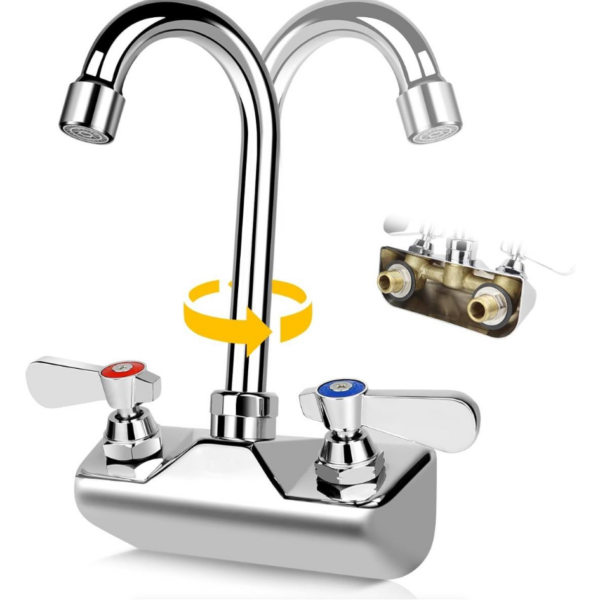 Leak-Free Commercial Hand Sink Faucet, 4 Inch Center Wall Mount Kitchen Sink Faucet for Bar Restaurant, Brass Constructed & Chrome Polished, with 3-1/2" Gooseneck Spout & Dual Lever Handles