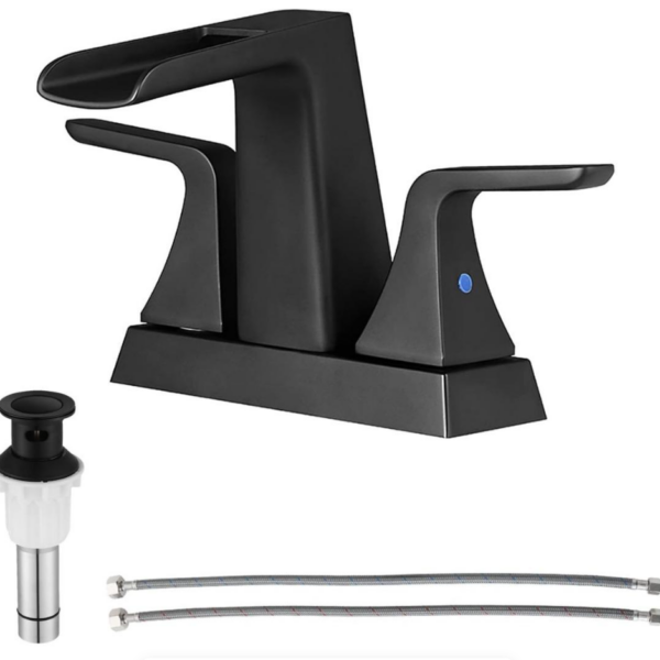 Brass Waterfall 4 Inch Bathroom Sink Faucet, Centerset 2-Handle Vanity Mixer with Metal Pop-up Sink Drain & Faucet Supply Lines, Matte Black