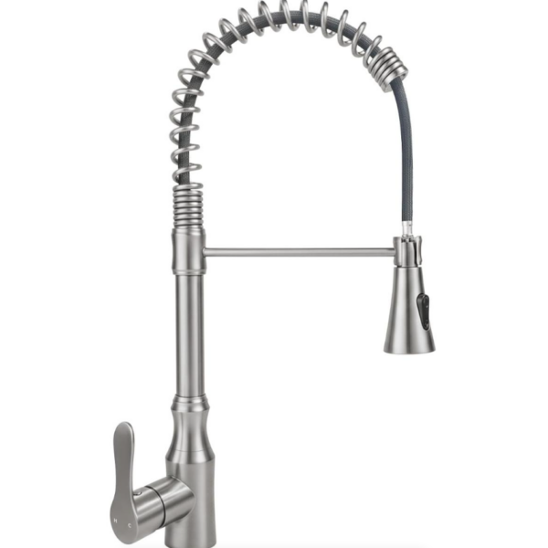 22.4'' H Pull Down Kitchen Sink Faucet with 2-Function Sprayer, Spot Free Brushed Stainless Steel & Brass, High Arc Spring Faucet Single Handle 360° Swivel 1.8 GPM, 1-Hole Mount for Utility Laundry RV