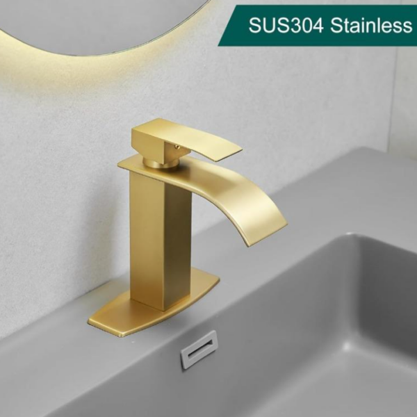 Brushed Gold Waterfall Spout Single Hole Bathroom Faucet, Stainless Steel Single Lever Bathroom Vanity Sink Faucet with Drain, cUPC Hose and Deck Plate