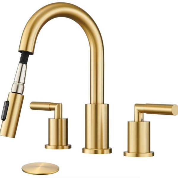 Luxury Brushed Golden Bathroom Faucet with Pull-Out Sprayer - 8-Inch Widespread 2-Handle Stainless Steel Sink Tap, Golden & Titanium Alloy Plating, 3-Hole Installation with Up Drain Assembly for Modern Bathrooms - Durable & Corrosion-Resistant Desig