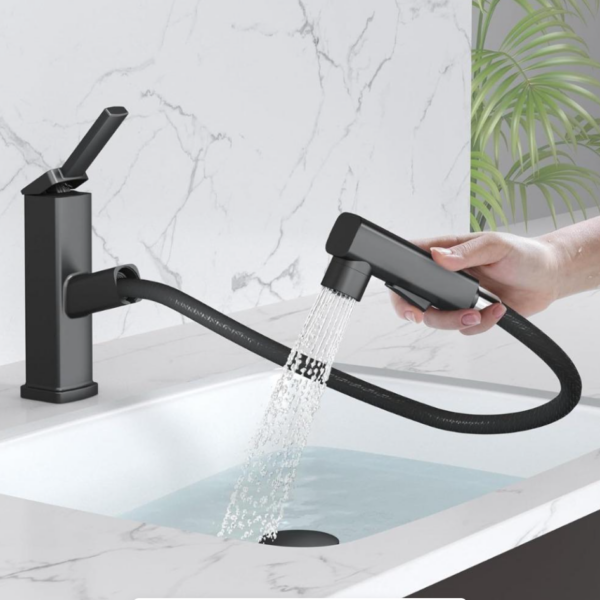 Pull Out Single Hole Bathroom Faucet, 3 Spray Mode Single Handle Bathroom Faucets for Sink 1 Hole, Bathroom Sink Faucet with Pull Down Sprayer, Vanity Faucet with Fountain Mode, Matte Black