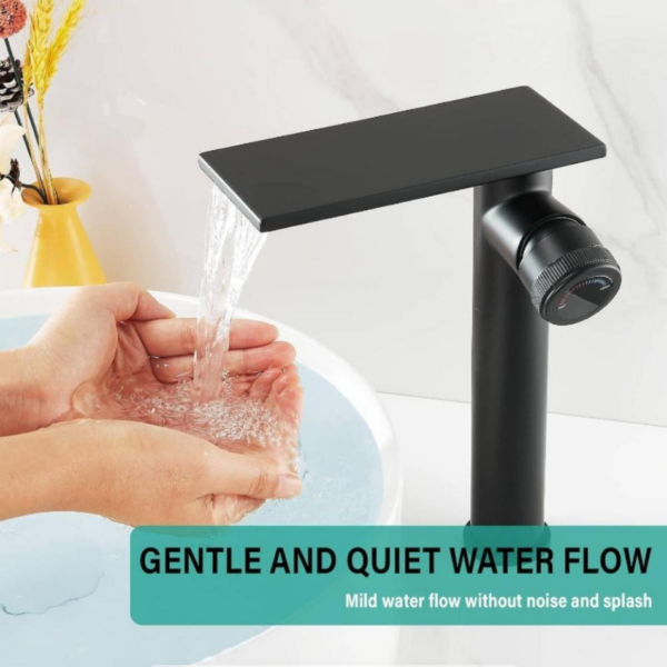 Modern Matte Black Tall Waterfall Bathroom Faucet - Single Handle Hot/Cold Mixer Tap with Adjustable Temperature Knobs, Stainless Steel Valve Core & Chrome Plated Finish, Single Hole Installation for Vanity Sinks, Two Supply Lines Included