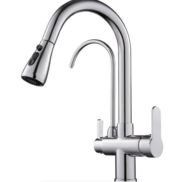 3 in 1 Kitchen Faucet with Drinking Water Faucet, 2 Handle Pull Down Kitchen Sink Faucet Water Filter Purifier Faucets (Chrome)