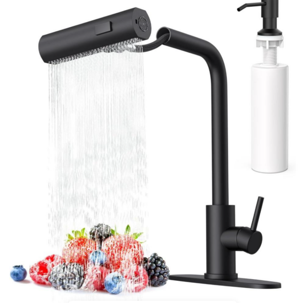 Matte Black Waterfall Kitchen Faucets with Pull Down Sprayer & Soap Dispenser, Single Hole & Handle, Pull Out Tap, Stainless Steel Sink Faucet, Suitable for Farmhouse Camper Laundry Rv Bar
