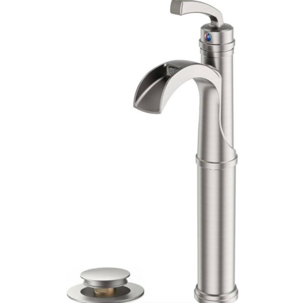 Modern Tall Waterfall Bathroom Faucet - Single Handle Deck Mount Vessel Sink Faucet with Metal Up Drain, Brushed Nickle & Stainless Valve, One-Hole Installation Suitable for Bathroom Sinks