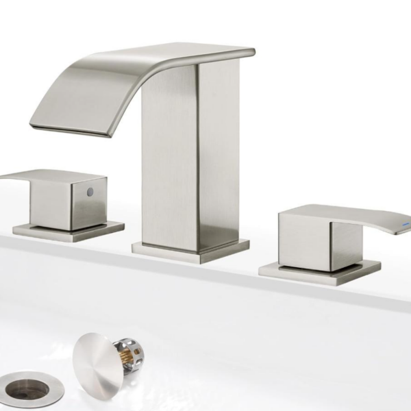 8 Inch Waterfall Bathroom Faucets 3 Hole - Brushed Nickel Widespread Bathroom Faucet with Pop-up Drain, Two Handle Bathroom Sink Faucet, Patent No. : US D967,340 S