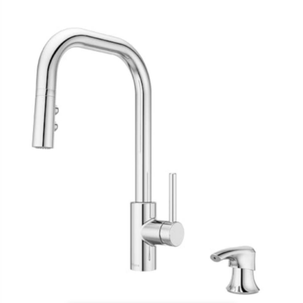Single Handle High Arc Kitchen Faucet with Pull-Down Sprayer & Soap Dispenser - Wall-Mounted Sink Faucion, Brushed Finish (Polished), NSF Certified, Easy Installation, Durable for modern/contemporary Sinks Suitable for
