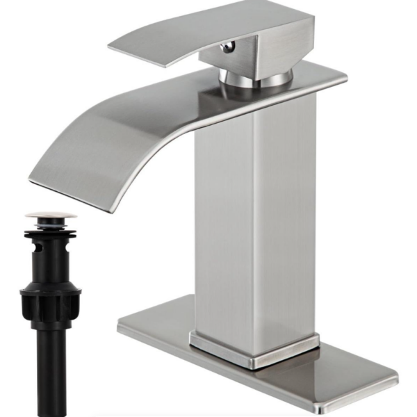 Waterfall Spout Bathroom Faucet Single Handle Bath Vanity Sink Faucet with Deck Mount,Water Supply Hoses Included (7.5 inch with Pop Up Drain,Nickel)